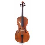 German cello, with two piece lightly flamed back labelled 'Attuned by W.M. Hawes Northampton Nov. 23