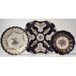 Worcester square shaped lobed dish circa 1770, painted with flora within a blue scale ground, also a