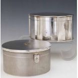 Silver cylindrical powder box with guilloche decoration the lid applied with a gold monogramme, BS&