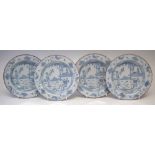 Four Delft bowls possibly Liverpool, painted with an Chinese figure with a bird in underglaze