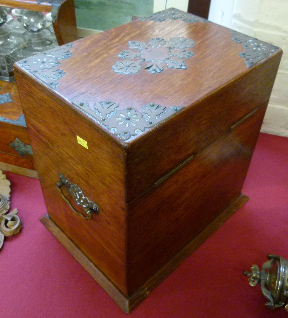 Late Victorian oak table-top liqueur cabinet, the fall front and rising top revealing two drawers, - Image 10 of 14