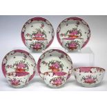 Four Lowestoft teabowls and saucers and a small bowl circa 1780, painted with a basket of flowers