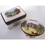 Two Enamel boxes, one painted with in river landscape, the other printed and painted with a