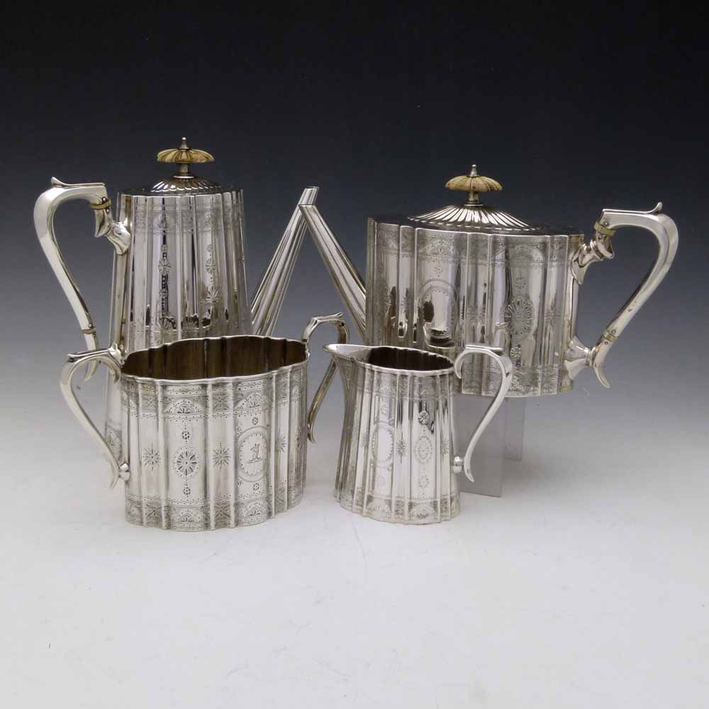 Victorian silver four piece tea and coffee set, W&G Sissons, London 1869, 1870, each with an oval,