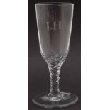 Ale glass circa 1800, the bowl engraved with 'I.H' and 'J.H'in two different fonts, with facetted