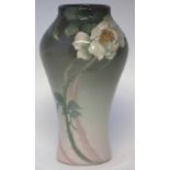Rookwood vase by Fred Rothenbusch, painted with white flowers on a graduated grey ground,