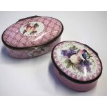 Two enamel boxes, one painted with a bird and fruit,  the other with a single flower, late 18th