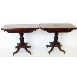 Pair of William IV fold-over mahogany tea tables with rounded corbers on turned column, circular