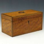 Satinwood teacaddy, early 19th century, the interior fitted with two compartments and a mixing bowl,