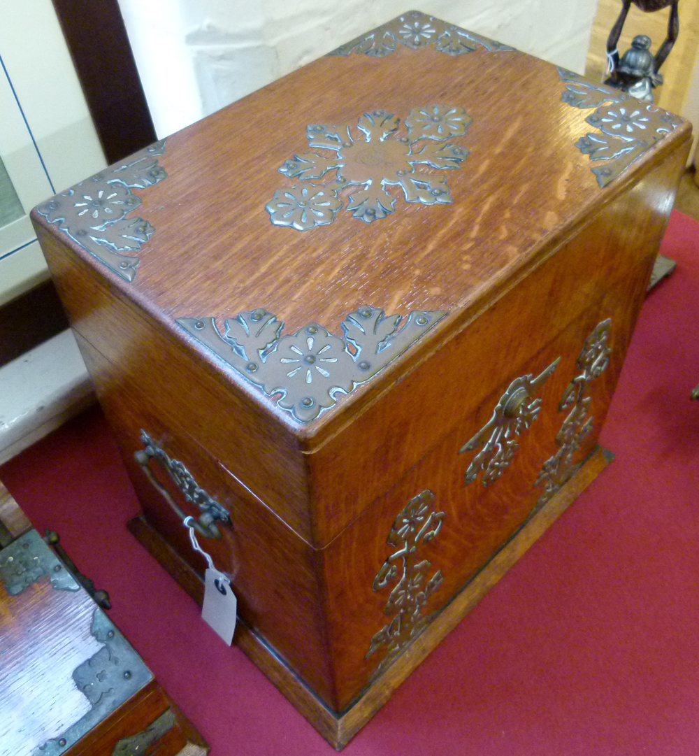 Late Victorian oak table-top liqueur cabinet, the fall front and rising top revealing two drawers, - Image 9 of 14