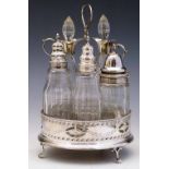 Five piece circular cruet with silver and unmarked mounts, the frame by Pratt & Humphries, London