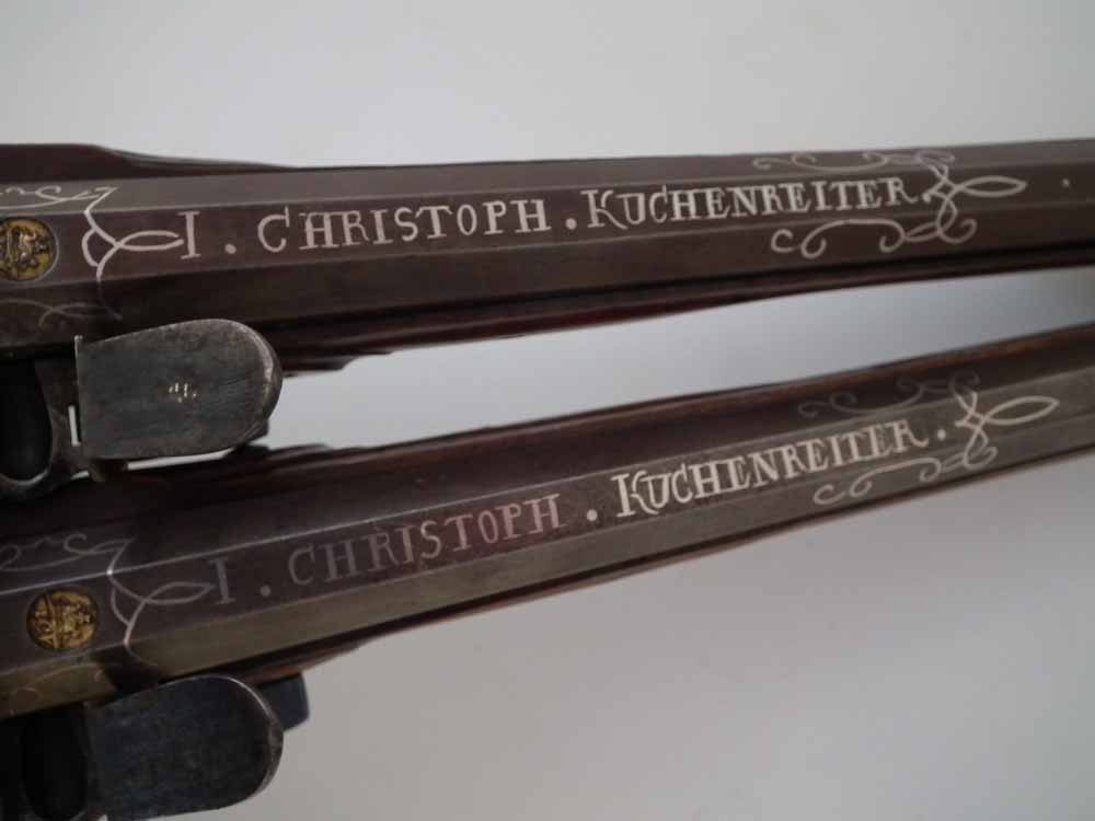Pair of Bavarian flintlock duelling pistols, with octagonal 50 bore barrels inscribed 'Christoph - Image 6 of 20