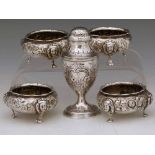 George III silver vase shaped pounce pot, James Mince, London 1791, height 12cm; four Victorian