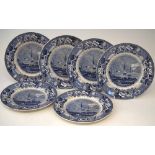 Set of six Pountney and Allies Bristol blue transfer printed plates, decorated with St Vincent's