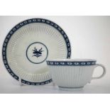 Worcester cup and saucer circa 1780   moulded with reeded bodies and painted with underglaze blue