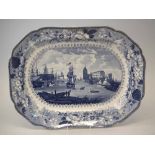 Pountney and Allies Bristol blue transfer printed meatplate, decorated with Bristol harbour,