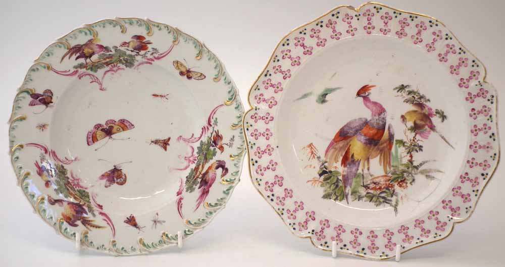 Two Chelsea plates circa 1760, painted with exotic birds within a feather and floral moulded border,
