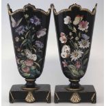 Pair of Victorian black opaque glass vases, enamelled with butterflies and flora, late 19th century,