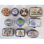 Ten Limoges porcelain boxes, painted with floral patterns and landscapes, (10) The largest box