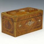 Kingwood tea caddy, 19th century, inlaid with ivory and brass stringing, two interior