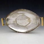 Art Deco silver two handled fruit basket with ivory grips, F Cobb, Sheffield 1934 with inscription