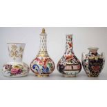 Two Derby scent bottles and two small vases, painted with imari patterns, scrollwork and floral