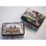 Two Enamel boxes, one painted with figures on horseback, the other printed and painted with