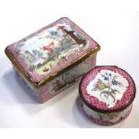 Two 18th century enamel boxes, one painted with cattle within classical scenery, the second with