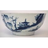 Worcester bowl circa 1760, painted with landslip pattern in underglaze blue, workman's mark to foot,