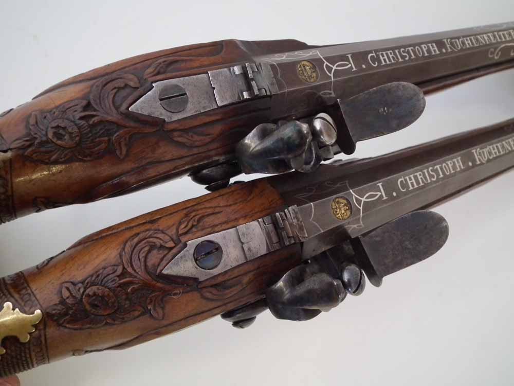 Pair of Bavarian flintlock duelling pistols, with octagonal 50 bore barrels inscribed 'Christoph - Image 7 of 20