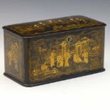 Chinoiserie black papier-mache teacaddy, 19th century, decorated in gilt with figures in a garden,