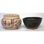 St Ives studio pottery lidded bowl, painted with brown slip patterns, also a small square section