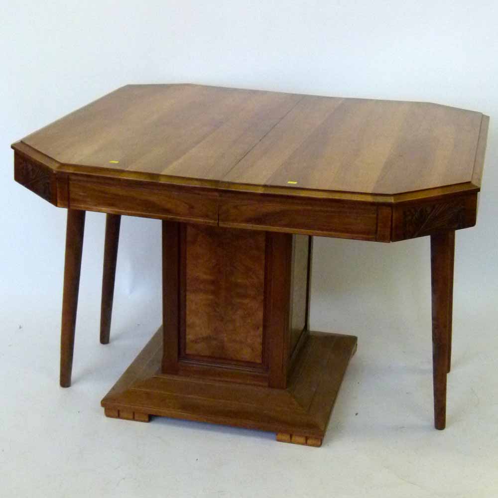 1930's walnut finished extending square dining table, closed length 114cm.