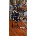 Ken Howard R.A. (1932-),  Female portrait, signed, oil on canvas, unframed, 122 x 61cm.; 48 x 24in.