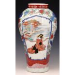 Japanese Imari baluster vase painted with landscape panels, height 38cm.