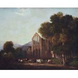 English School, 19th century,  Rural landscape with cattle and abbey ruins, oil on canvas, 61 x 74.