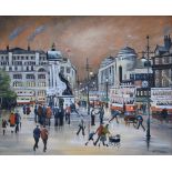 Bernard McMullen (1952-),  Protestors in Piccadilly, Manchester, signed, acrylic on board, 49.5 x