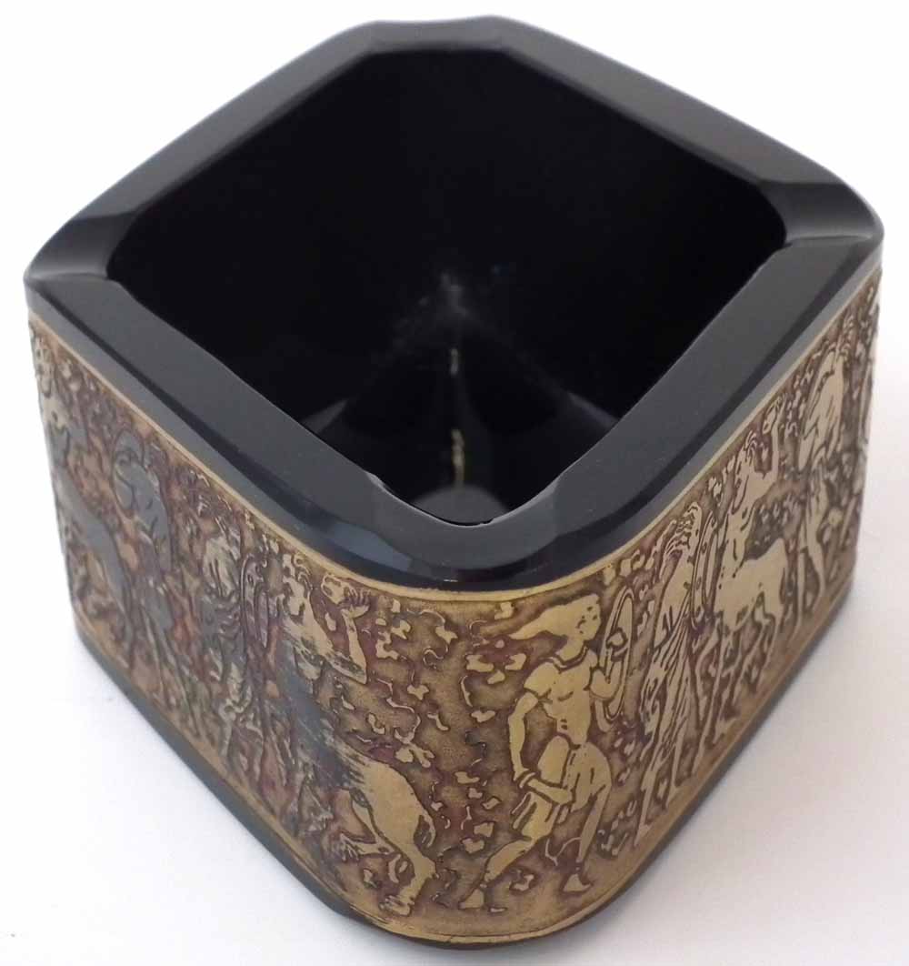 Moser diamond shape ashtray, with gilded classical figure decoration, etched mark and label to base, - Image 2 of 7