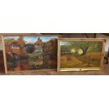 Oil painting of bridge scene signed Wilf 69 and oileograph of hunting scene. Condition report: see