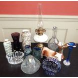 Oil lamp and mixed glass and china to include Offefors glass dish and Modina glass vase. Condition