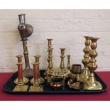 Five pairs of brass candlesticks and other brass ware. Condition report: see terms and conditions