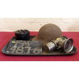 C.M.S. wartime helmet (size 7 JRS 1941), Carbide lamp (Joseph Lucas Ltd, Calcia Club), wartime