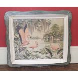 1950's Flamingo's under Spanish moss framed print after "Arthur". Condition report: see terms and