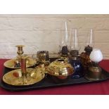 Two glass oil lamps, three brass chamber sticks etc. Condition report: see terms and conditions