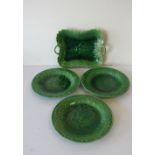 3 19th Century Green Leaf Style Plates also a similar rectangular 2-handled serving dish all