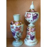 A Victorian 2-Sectioned Lidded Green Opaline Vase having hand painted floral and leaf decoration,