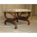 A 19th Century Mahogany Square Footstool having overstuffed seat on x-shaped splayed legs, 55cm