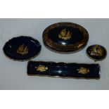 A Limoges Oval Lidded Trinket Box on blue ground having gilt, figure and scroll decoration, also a