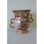 A Crown Devon Bulbous Trumpet Shaped 2-Handled Vase on pink ground with multicoloured, bird, tree,