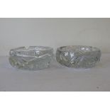 2 Heavy Cut Glass Round Bulbous Shaped Ashtrays, 16cm diameter